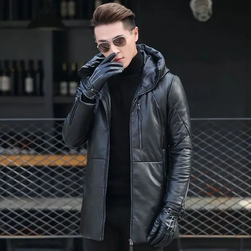 Winter Hooded Mid Long Puffer Jacket Men Leather Down Jacket Men Genuine Leather Down Jacket Sheepskin Puffer Coat Man Clothes