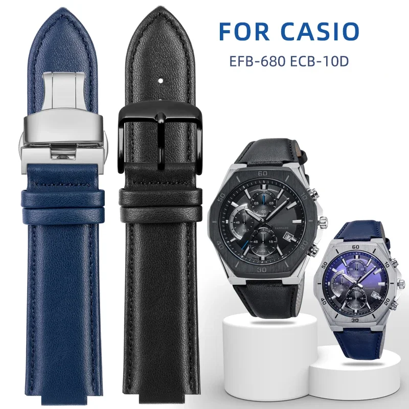 Cowhide Leather Watch Strap for Casio Edifice EFB-680D-2A ECB-10D Leather Strap Men's Watchband Convex Interface Bracelet 14mm