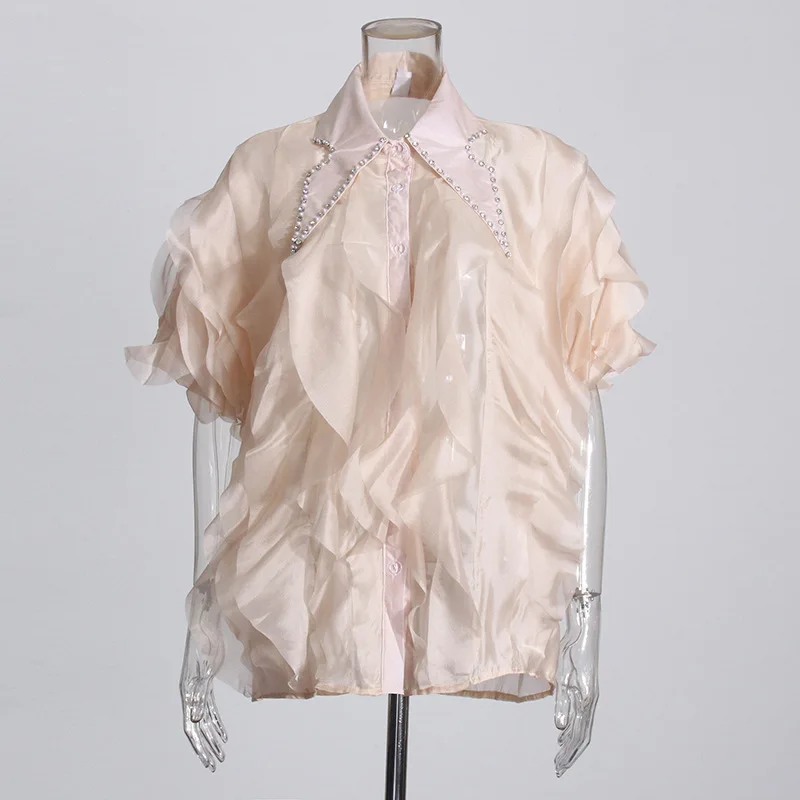 Chemise Polyvalente à Volants et Manches Courtes pour Femme, Haut à Col Polo, Strass, Style Piedmont, Nouvelle Collection Été 2024