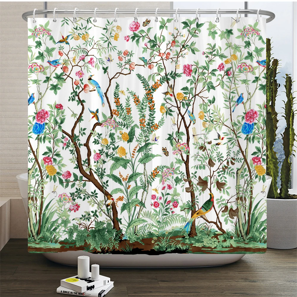 Plant Flowers and Birds Shower Curtain 180x180cm Floral Printed Shower Curtain Polyester Bath Curtain Bathroom Decor With Hooks