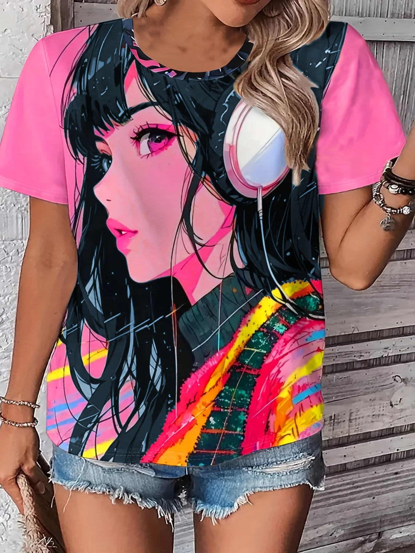 Graffiti Cartoon Art Painting Women's Round Neck T-Shirt Fashion Casual Full Printed T-Shirt Round Neck Short Sleeve Top