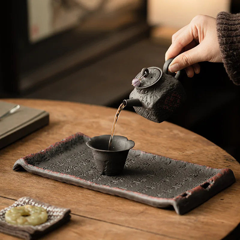 Old rock clay Zhuoni scripture pot holder, water-storing rough pottery dry brewing tea tray, retro Chinese-style tea snack plate