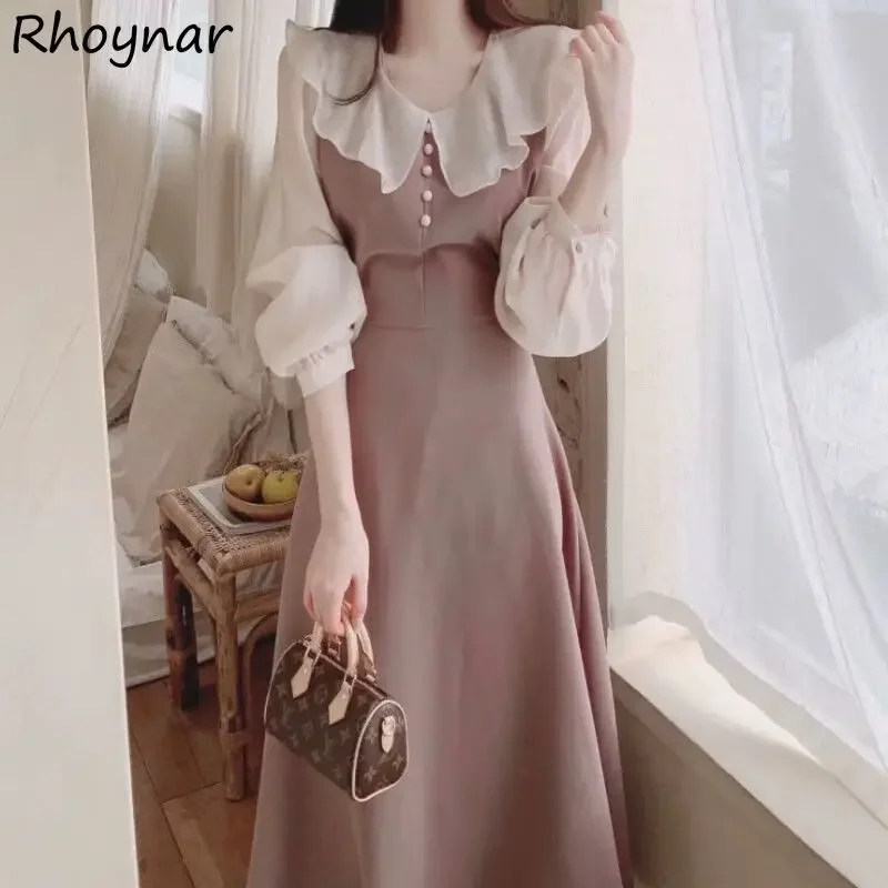 

Puff Sleeve Women Dresses Flounced Edge Peter Pan Collar Korean Style Leisure Fashion Elegant Vintage Chic Loose All-match Midi