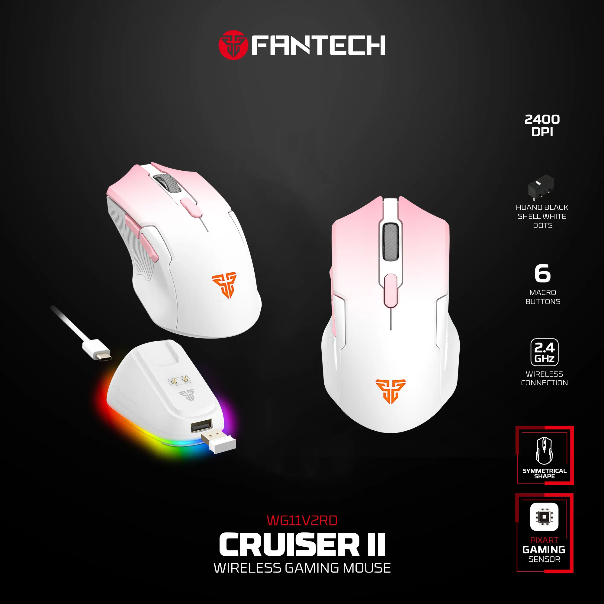 FANTECH CRUISER II WG11V2RD Office Mice Wireless Mouse 70h Use Time 3 Million Clicks 6 Macro Switch Pixart 3212 2400DPI RGB Mice