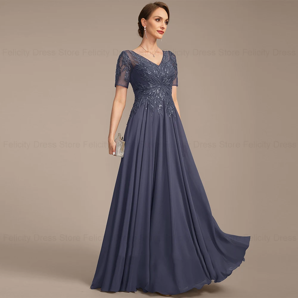 FELICITY Elegant Mother of the Bride Dresses 2024 A-line V-Neck  Chiffon Wedding Guest Dresses Appliques Sequins Evening Gowns