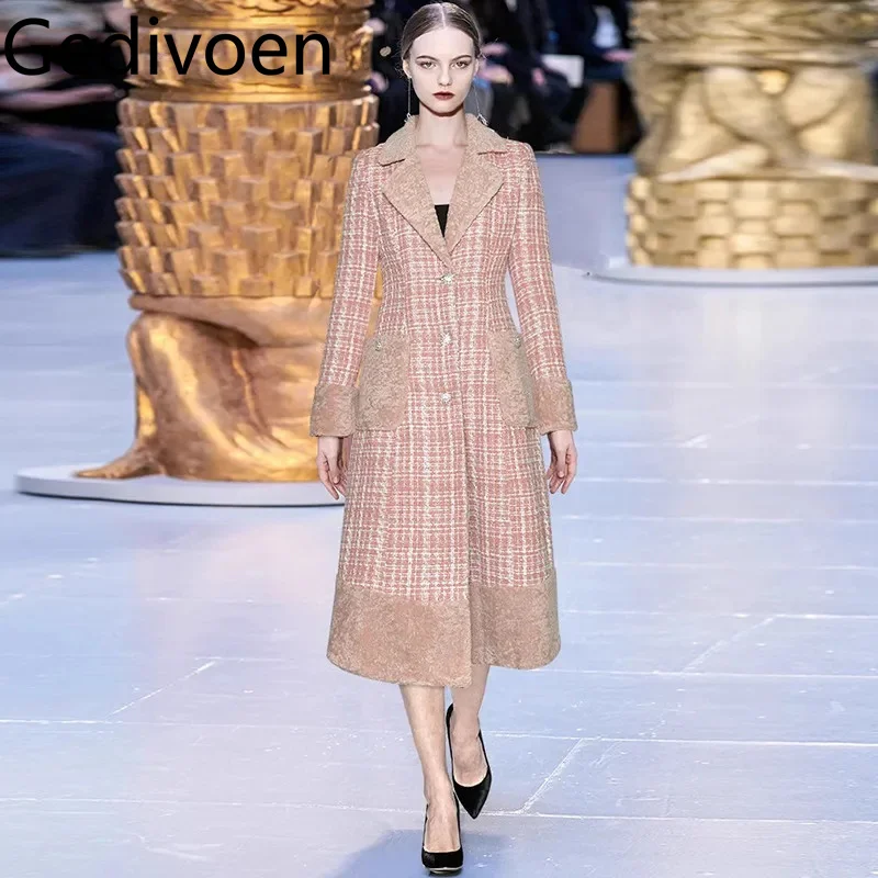 Gedivoen New style Autumn and Winter Women's Coat Single-Breasted Pocket High waist Long-Sleeved Pink Plaid Overcoat