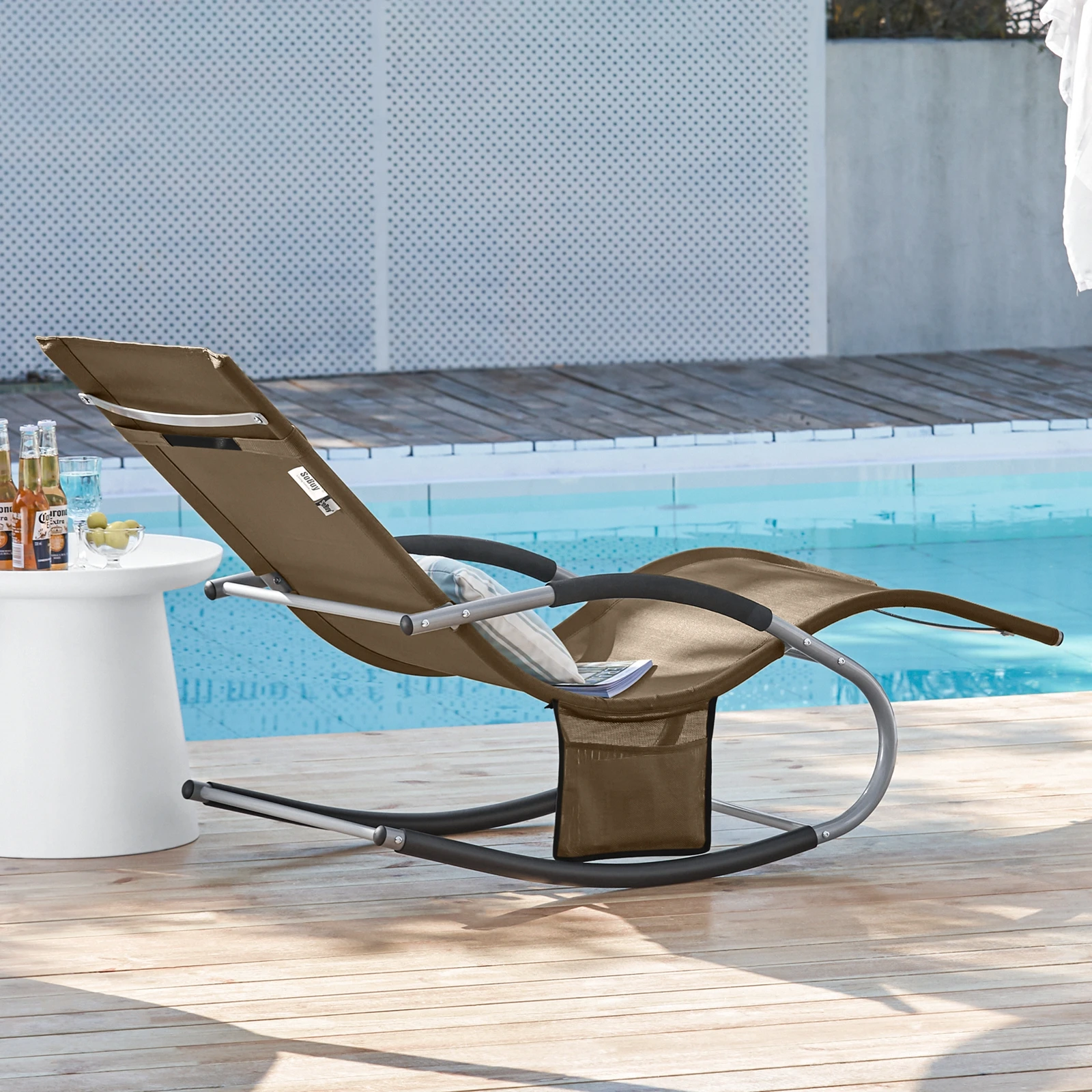 SoBuy OGS28 Sonnenliege Gartenliege wetterfest Liegestuhl Schaukelstuhl mit Kopfkissen Outdoor Terrasse Balkon Camping bis 150kg – Detail 14