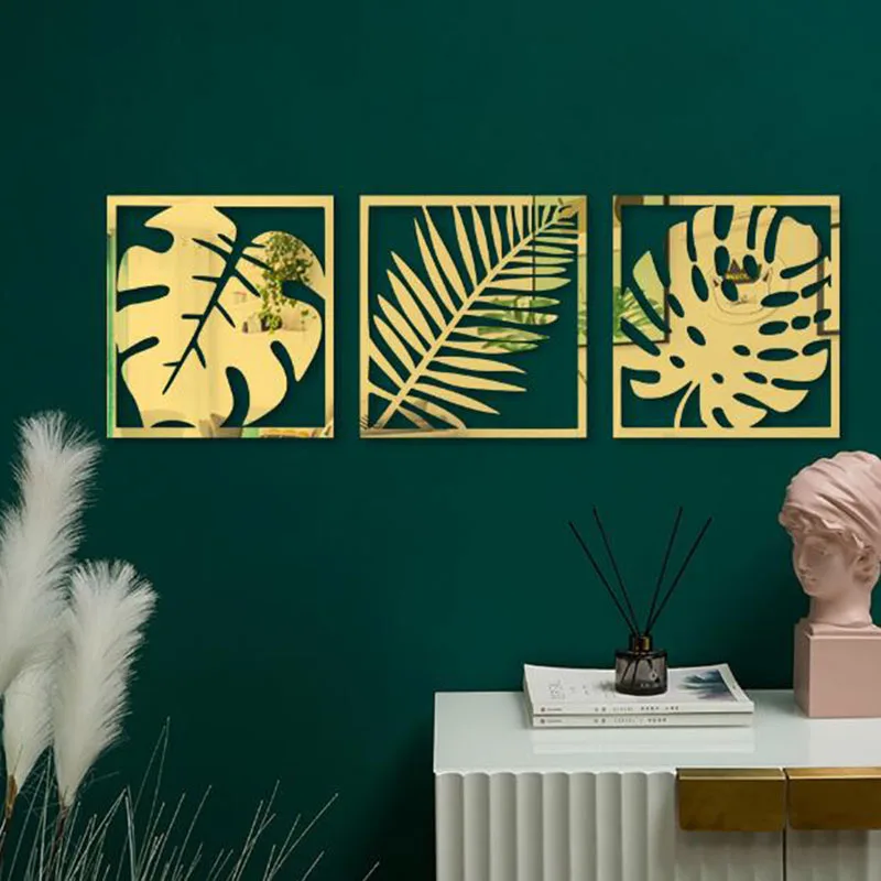 3D חלול צמח מדבקת מראה אקריליק פלמה מדבקות קיר מסגרת מדבקות ספת רקע קיר בית תפאורה