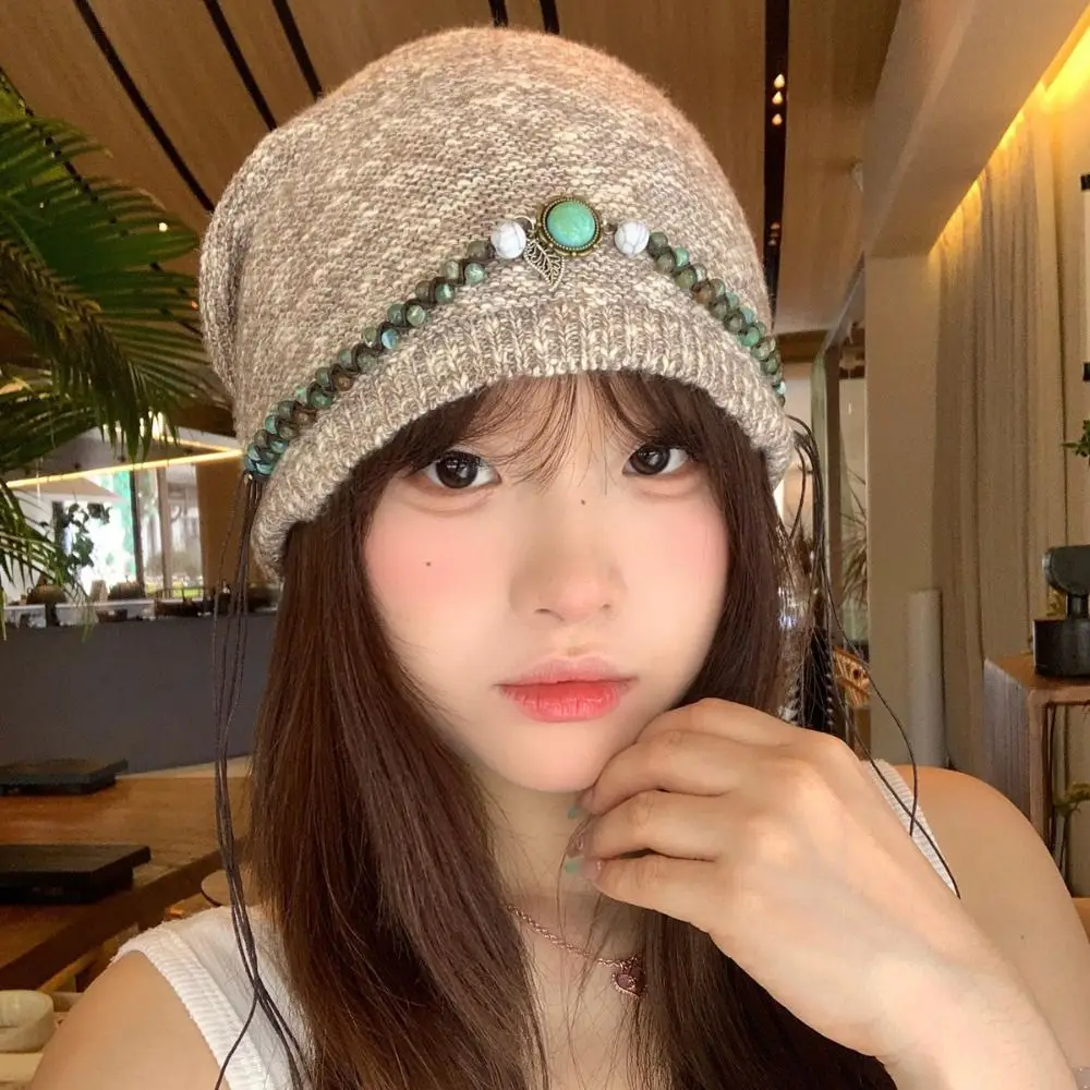 

Ethnic Style Bohemian Beanies Hat Coldproof Keep Warm Knitted Pullover Hat Polyester Solid Color Jacquard Woolen Hat Autumn