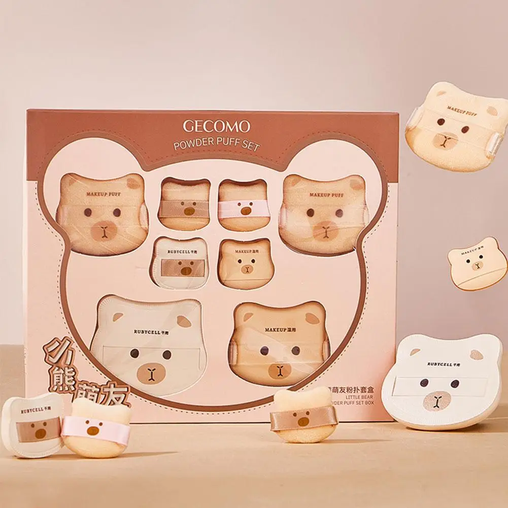 GECOMO-Juego de esponjas para polvo, cojín de aire agradable para la piel, Base impecable, esponja de maquillaje, bonito diseño de oso, conjunto de regalo