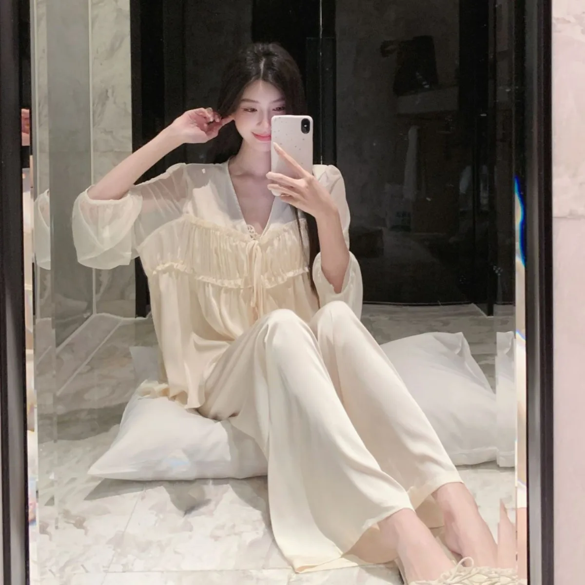 

Модный женский пижамный комплект для весны и лета: кружевные пижамы с длинными рукавами и брюками, свободный повседневный атласный домашний костюм