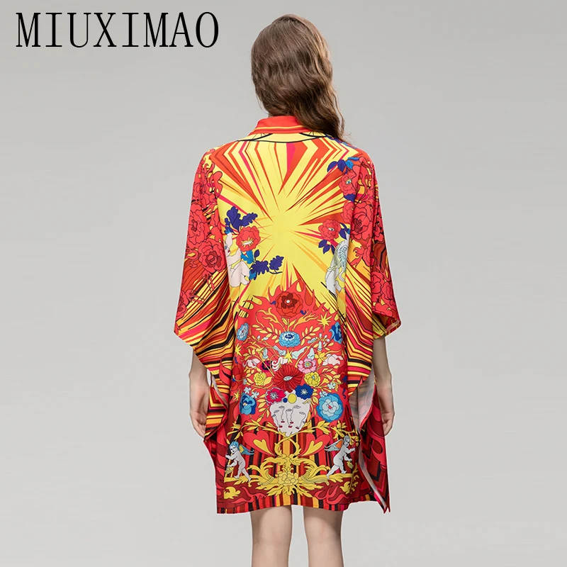 MIUXIMAO 2023 Fall Dress Sicily Fashion  Flower Boat batwing sleeve Dress Women Vestidos Loose Mini Dress