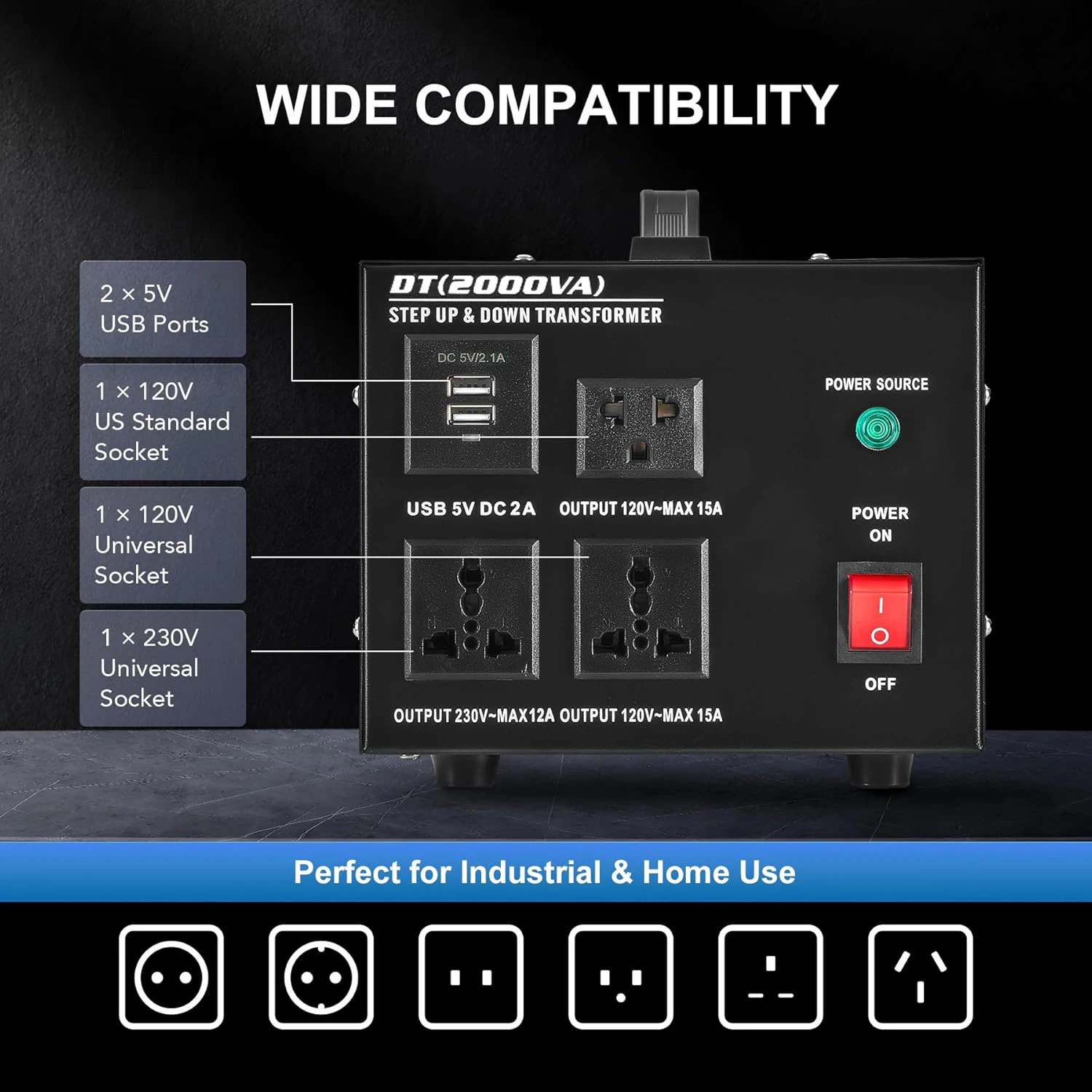DT-2000W مرحلة واحدة محول جهد كهربي 110 فولت إلى 220 فولت عالية الطاقة تصعيد المحولات مكيف الهواء المنزلي الثلاجة
