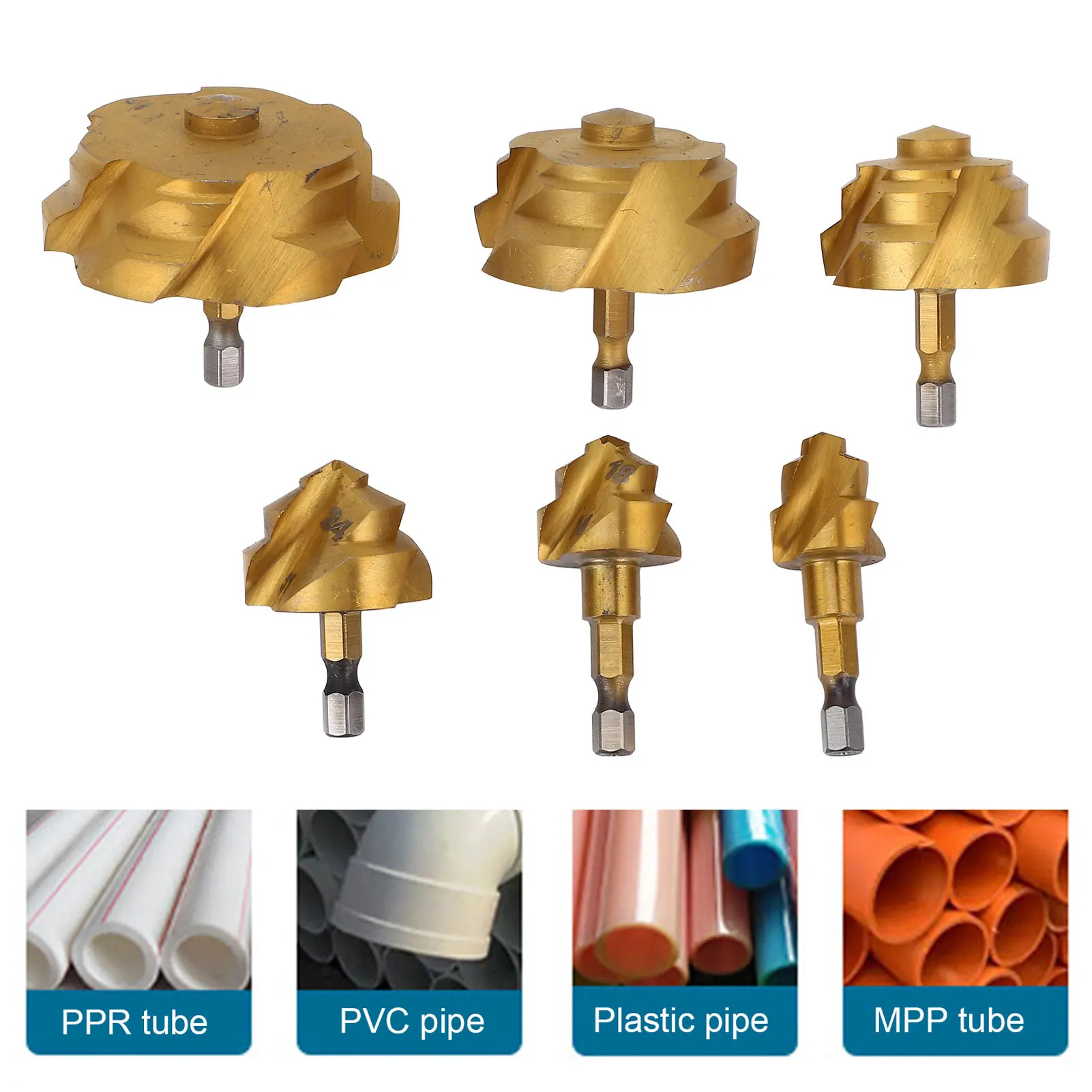 Jeu de forets étagés de levage en PPR, 6 pièces, 20 25 32 40 50 63mm 1/4 pouces, tige hexagonale Portable, foret d'expansion pour tuyau d'eau en spirale
