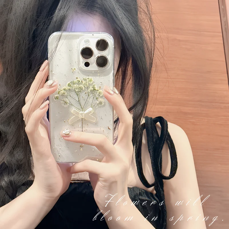 3D Bow Dry Flower Transparent Phone Case for iPhone 15 Pro Max 14 Plus 13 Mini 12 11 Xsmax Xr 8Plus Fall Protection Case
