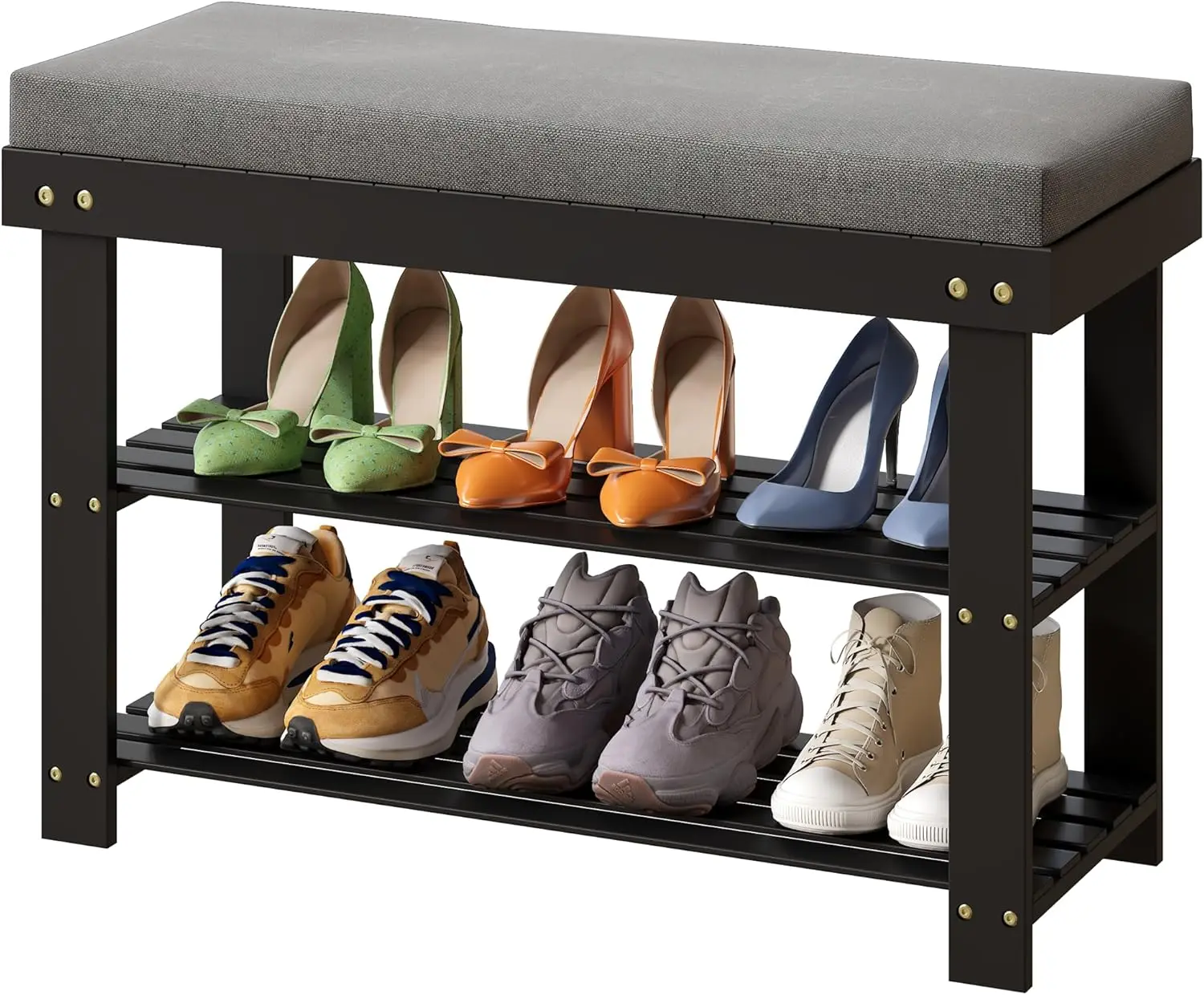 

Скамейка для обуви, 3-х уровневая бамбуковая подкладка для обуви с подкладкой 1,6 дюйма, устойчивый органайзер для обуви для прихожей, гостиной, вмещает сиденье для скамейки