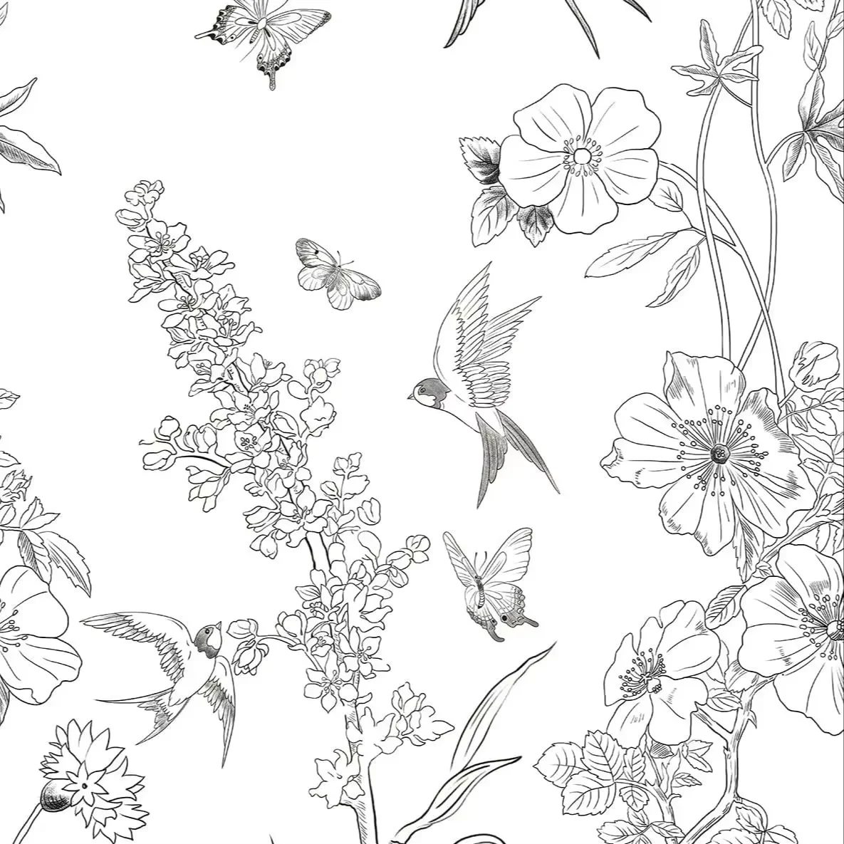 Floral Peel and Stick Wallpaper Black and White Birds Self Adhesive Wallpaper Vintage Removable Contact Paper for Bedroom