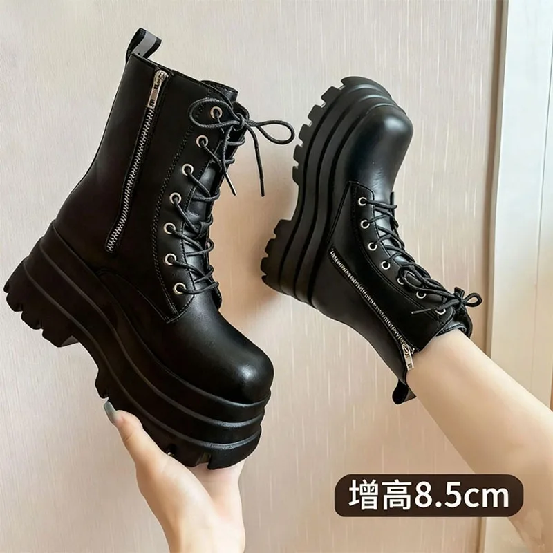 

2025 Short Boots for Women Thick Bottom Casual Black White Ankle Boots Autumn Winter Platform Women Shoe 12cm High Heels Botines