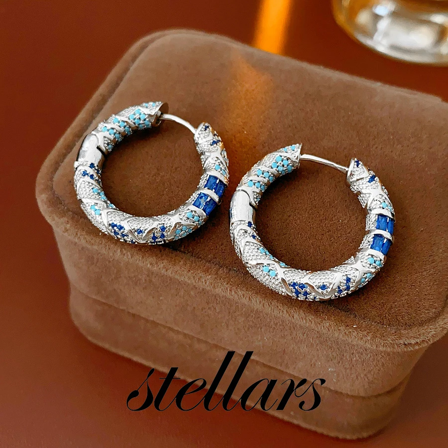 

Silver-Tone Blue & Turquoise Hoop Earrings Enamel Inlaid Statement Jewelry for Women - Retro Textured Design