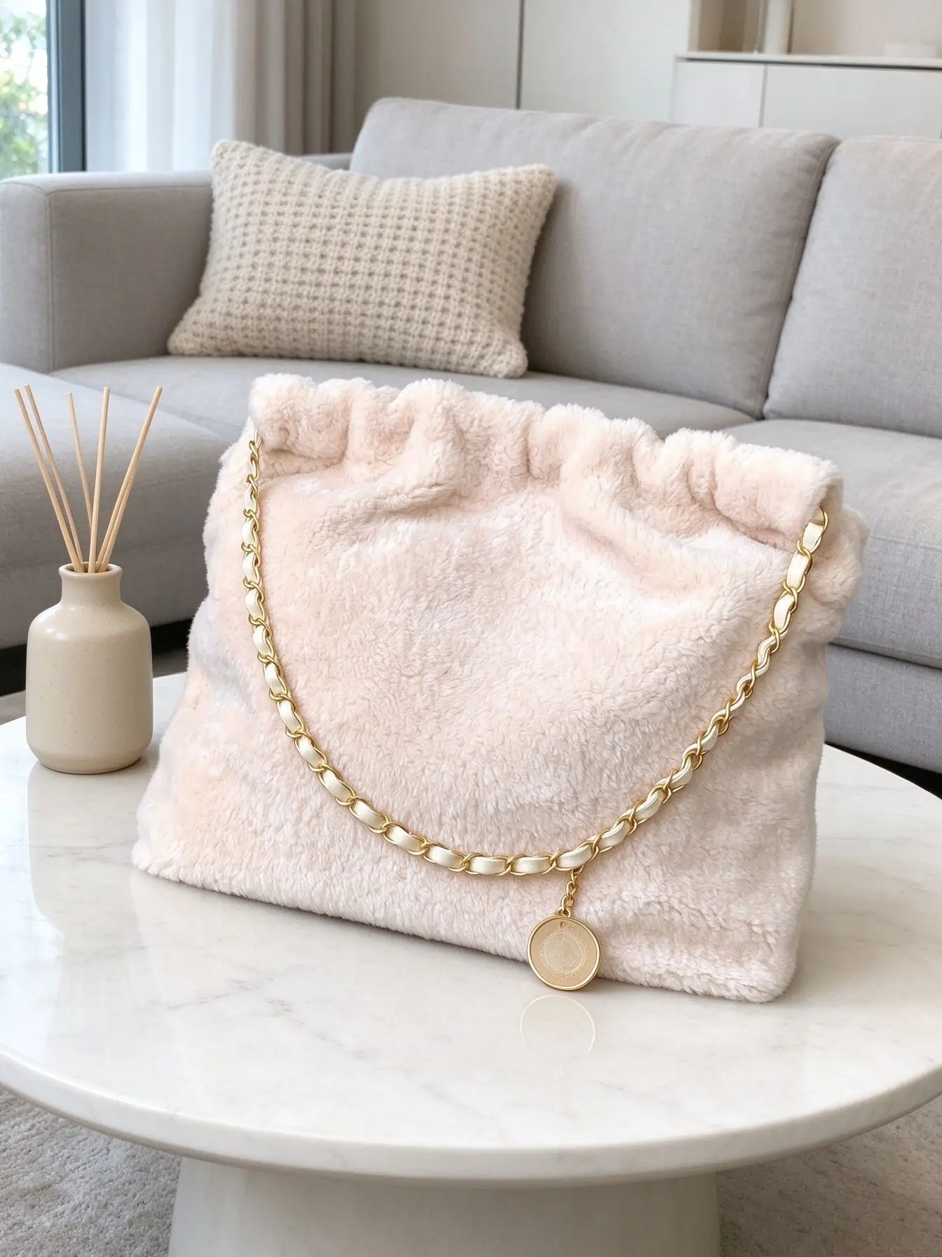 Light Pink Furry Drawstring Hobo Bag Women Plush Gold Chain Shoulder Tote Handbag With Coin Pendant
