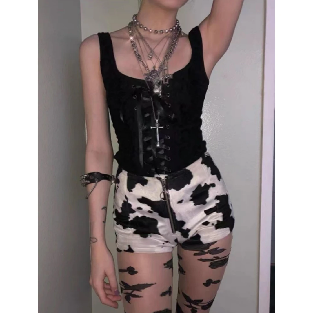 American Vintage Two Piece Outfit Black Lace Up Corset Top and Cow Print Shorts Harajuku Subculture Y2K Streetwear Women Top