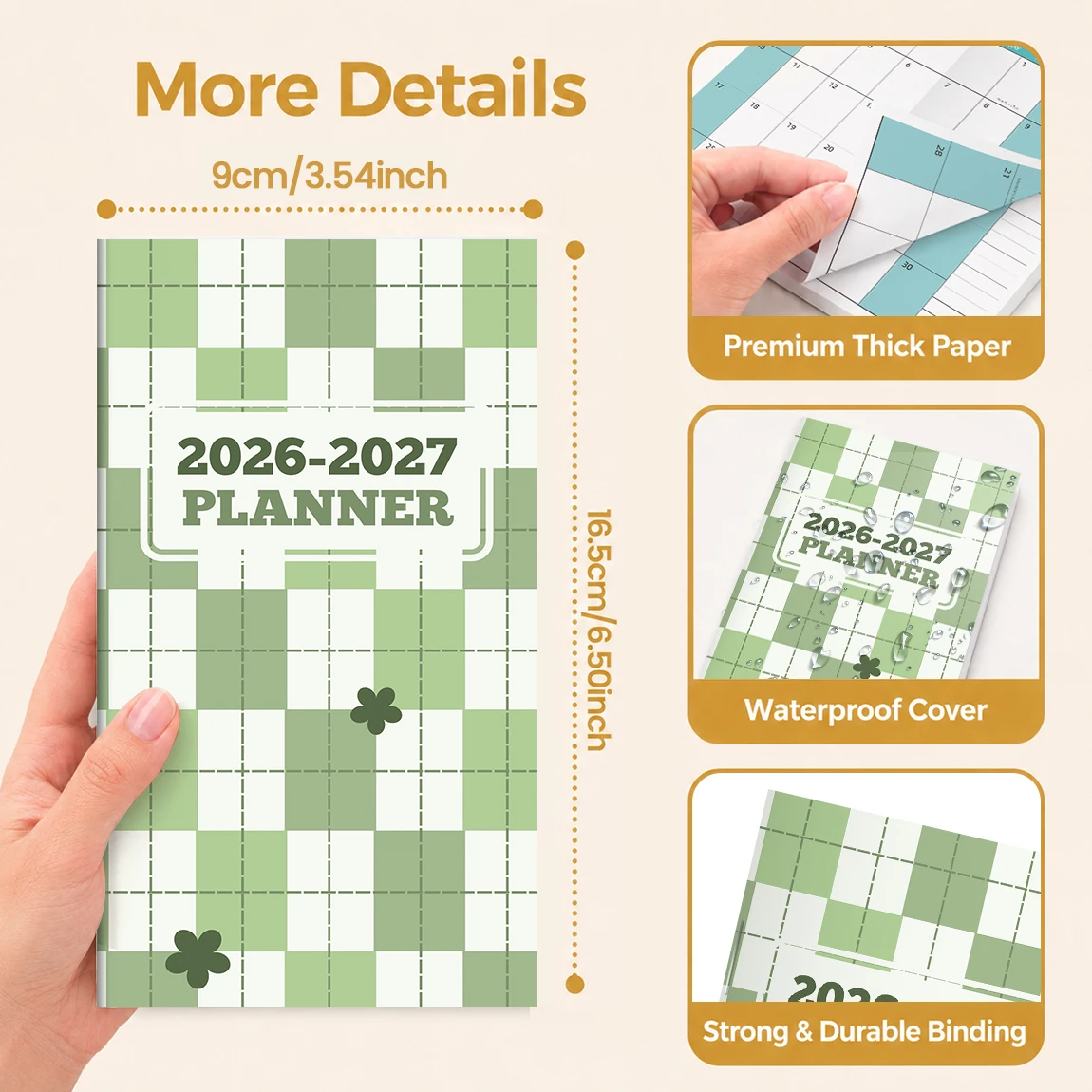 1PC A6 2026-2027 Monthly Planner Notebook, Green Plaid Portable Agenda with Notes, Holiday Reminders & Reference Calendars