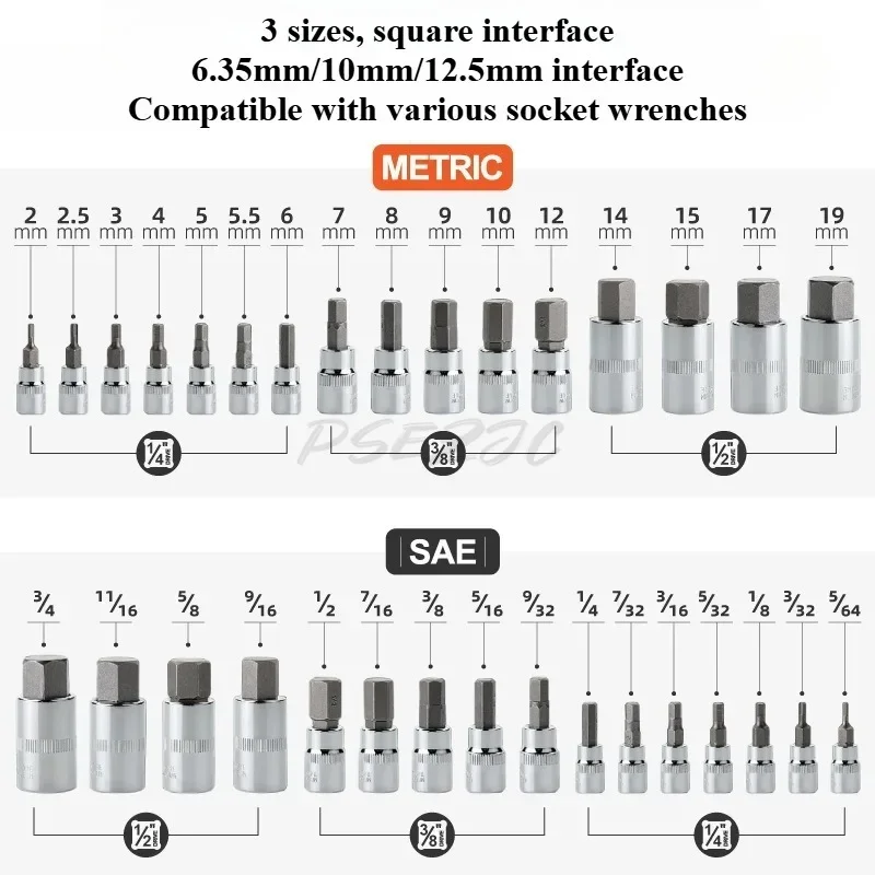 32pcs/set of Hexagonal Socket Wrench Heads Metric and Imperial Hexagonal Socket Tools