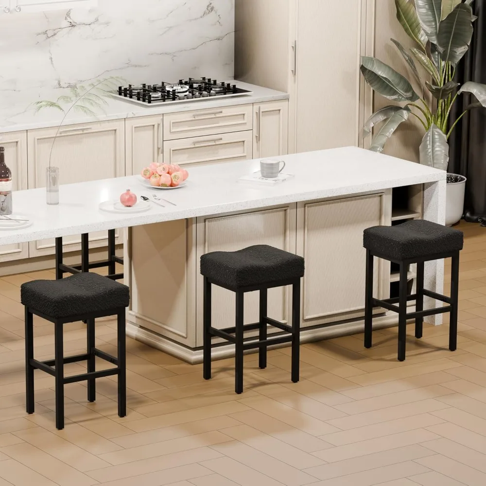 

Bar Stools Set of 3, Black Counter Height Bar Stools, 27 Inches Modern Upholstered Boucle Backless Saddle Stool for Kitchen Isla