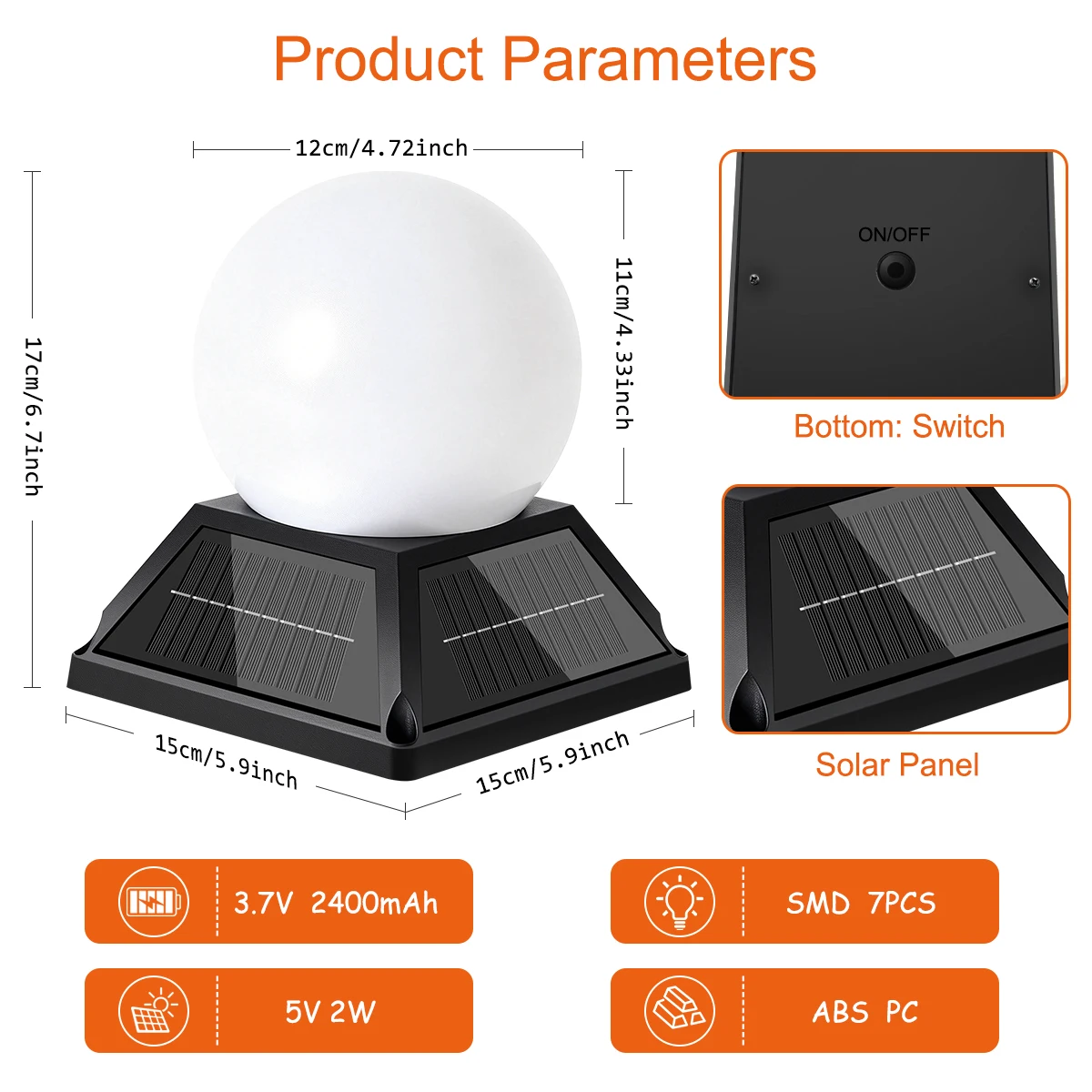 The Solar Post Light Solar Pillar Light Column Garden Solar Lamp Round Ball Cap 3 Color Remote Timer Dimmer IP65 2400mAh Battery