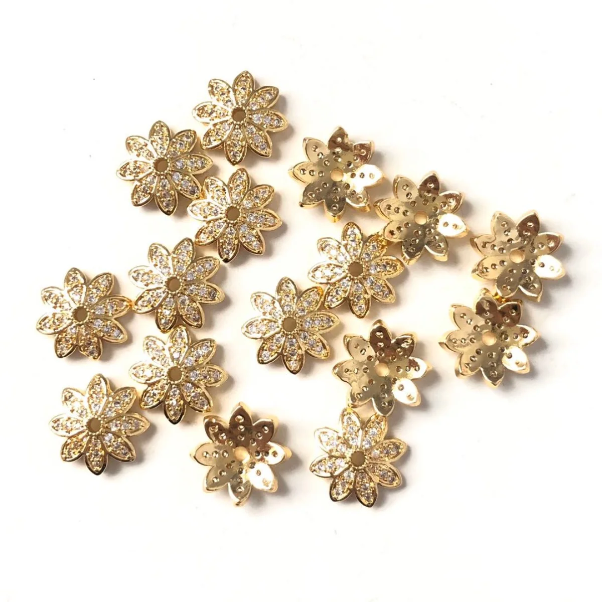 20pcs/lot 10.9mm Flower Spacer Beads Caps for Girl Bracelet Making Cubic Zirconia Micro Pave Gold-Plate Jewelry Accessory Supply