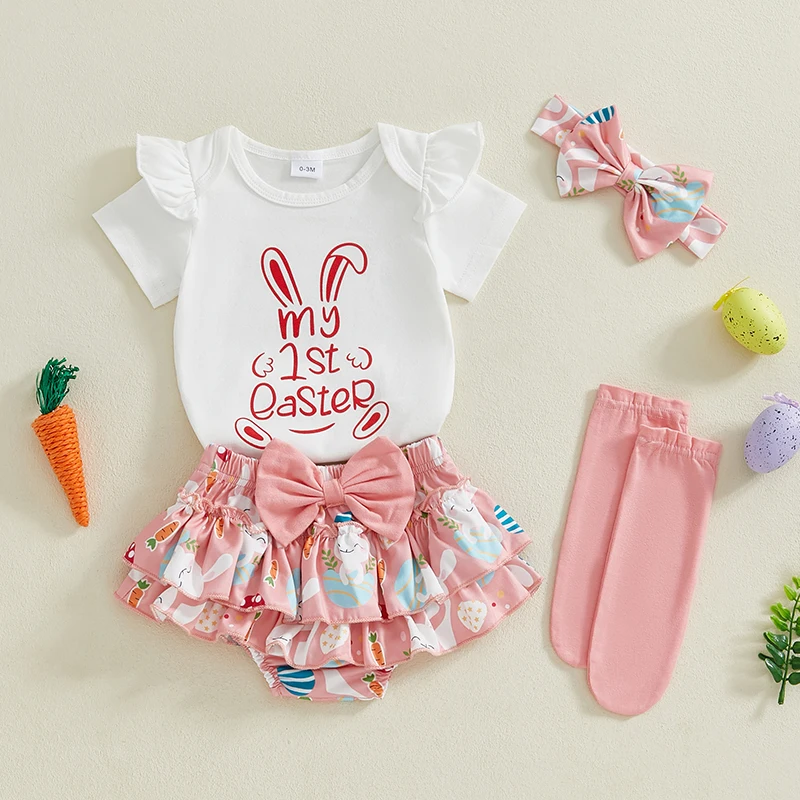 Completo pasquale per bambina, coniglio, manica corta, pagliaccetto, pantaloncini con volant a strati, calzini con fascia per capelli, set di vestiti coniglietto primaverile carino