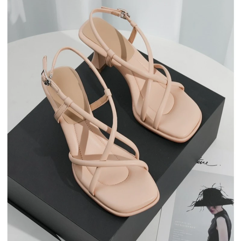 Women's Fashion French Cross Strap Square-Toe Sandals Summer Elegant High Heels Versatile Soft Sole Fine Heel Sandals 2026 image 3