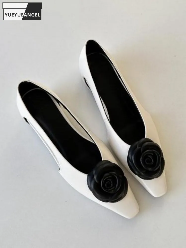 Sweet Ladies Genuine Leather Square Toe Hollow Out Flower Decoration Low Heel Slip On Solid Color Comfortable Cowhide Pumps