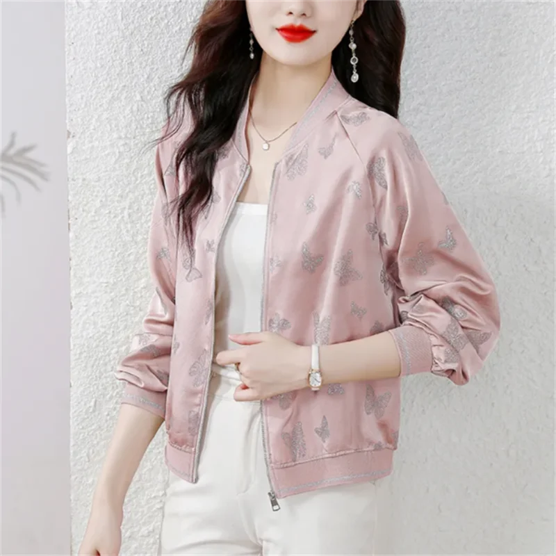 Silk Jackets Women Short Coats Jacquard Baseball Jacket Thin Outwear Fashion Mom Sport Jacket Zip Loose Female Fabric Jacket