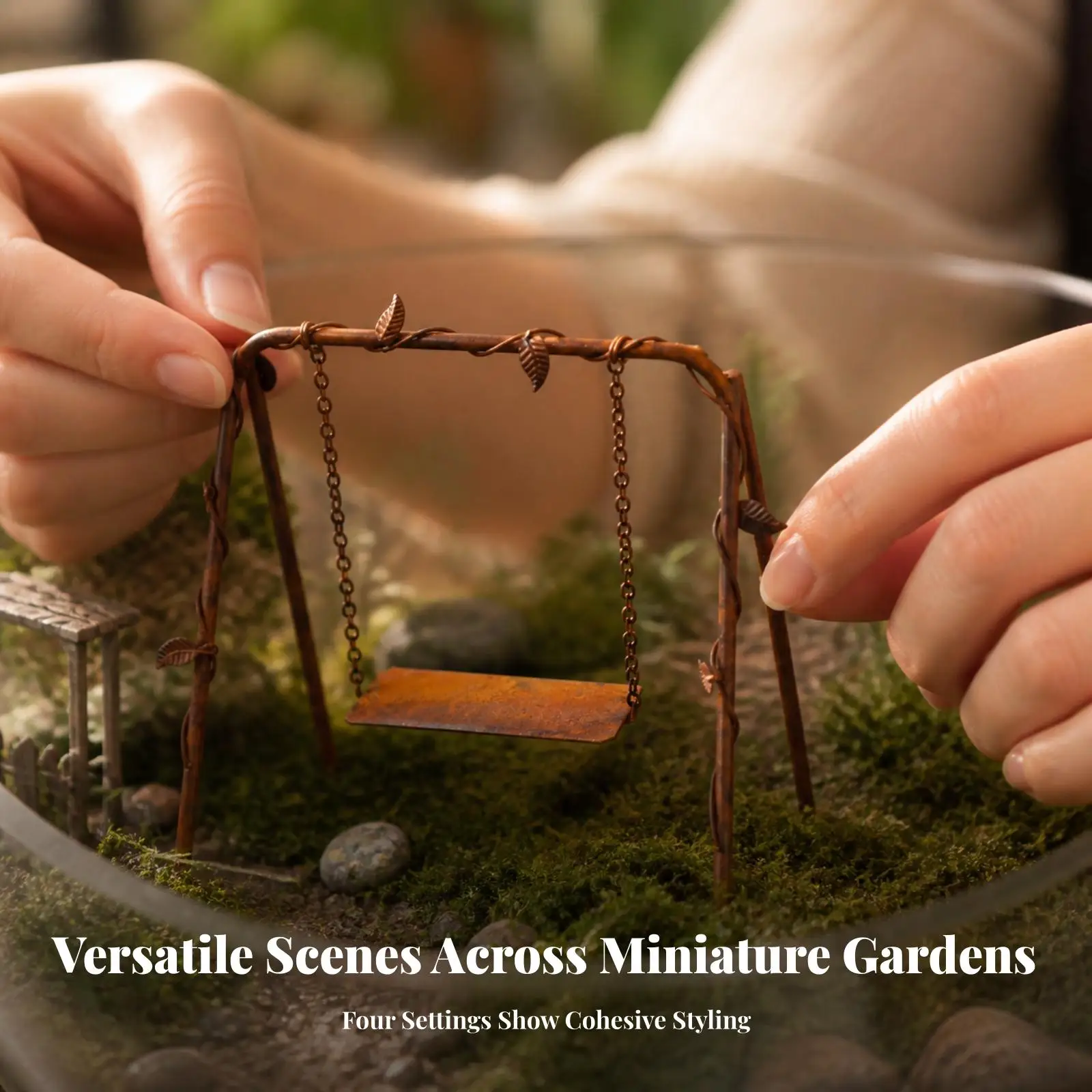 Metal Garden Ornament Miniature Iron Swing Rustic Weathered Finish for Fairy Garden Tabletop Display