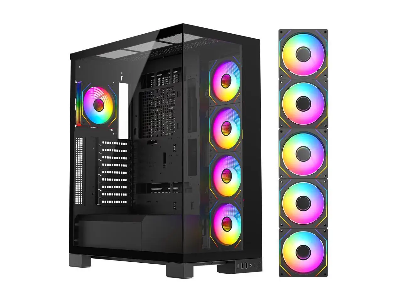 DIYPC  Vanguard-F2-Pro Black Dual USB3.0 and Type C Tempered Glass ATX Full Tower Gaming Computer Case w/ 5 x 120mm ARGB PWM Fans (4 x MB Side, 1 x Rear) Pre-Installed. Support BTF Back Plug MB.