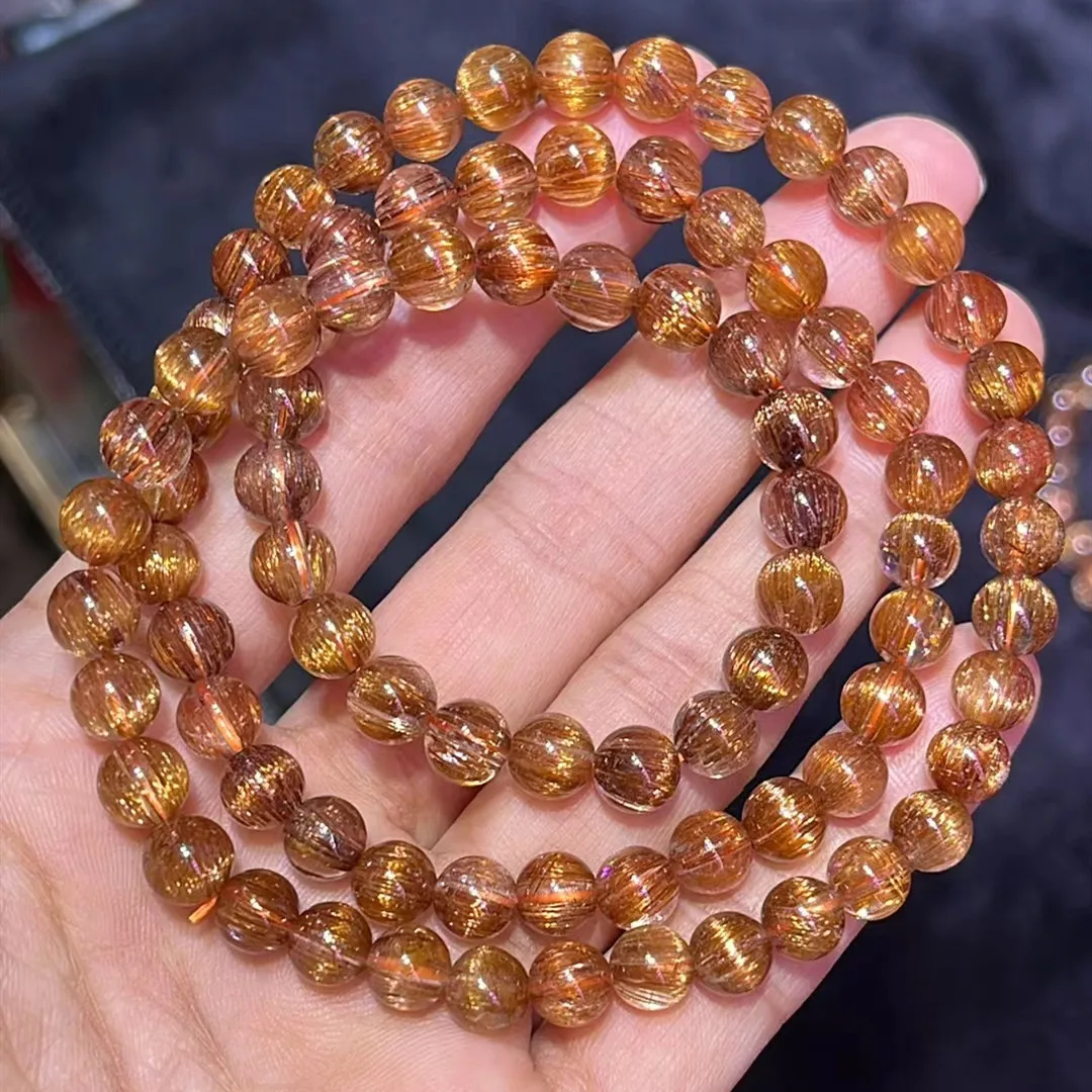 Natural Copper Rutilated Quartz 3 Laps Clear Round Beads Bracelet 6.8mm Cat Eye Women Men Wealthy Colorful Rutilated AAAAA