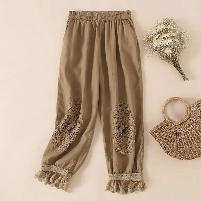 Bloomers Lace Linen Solid Casual Elastic High Waist Loose Wide Leg Women's Pants Ankle-Length Pants For Women Clothing 2024