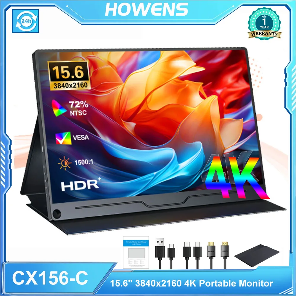 HOWENS 4K 15,6 inch draagbare monitor 3840x2160 Uitbreidbaar scherm IPS LCD-paneel Penhole-standaard VESA Type-c Mini HDMI mobiel display