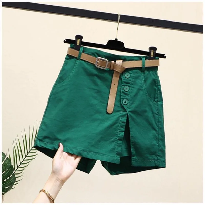 Belted Pure Cotton Shorts for Women Summer New Korean Version Versatile Fashion Button High Waist A-line Culottes