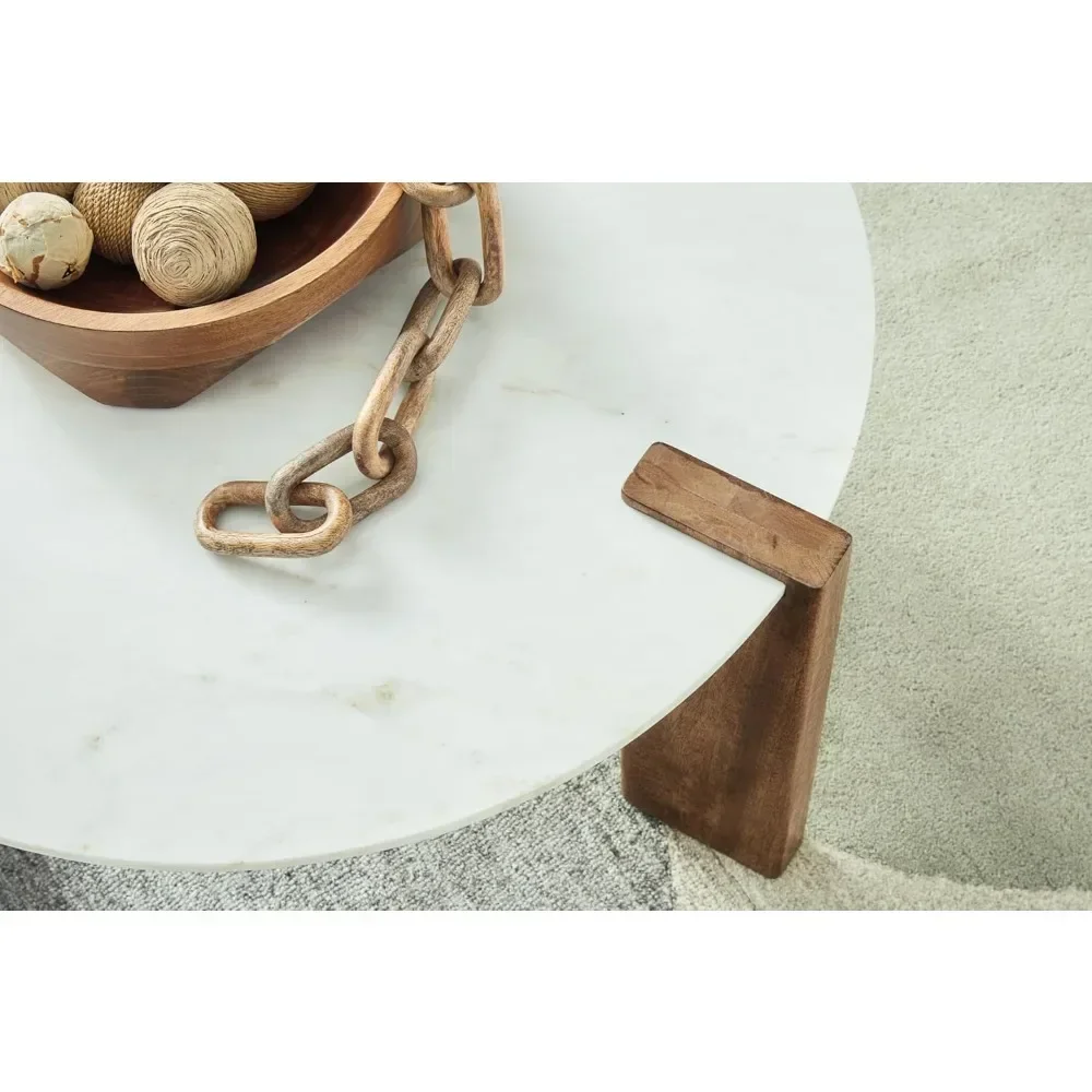 Modern Coffee Table with Marble Top, Exquisitely Crafted in White and Light Brown, Featuring A Modern Style Circular Design