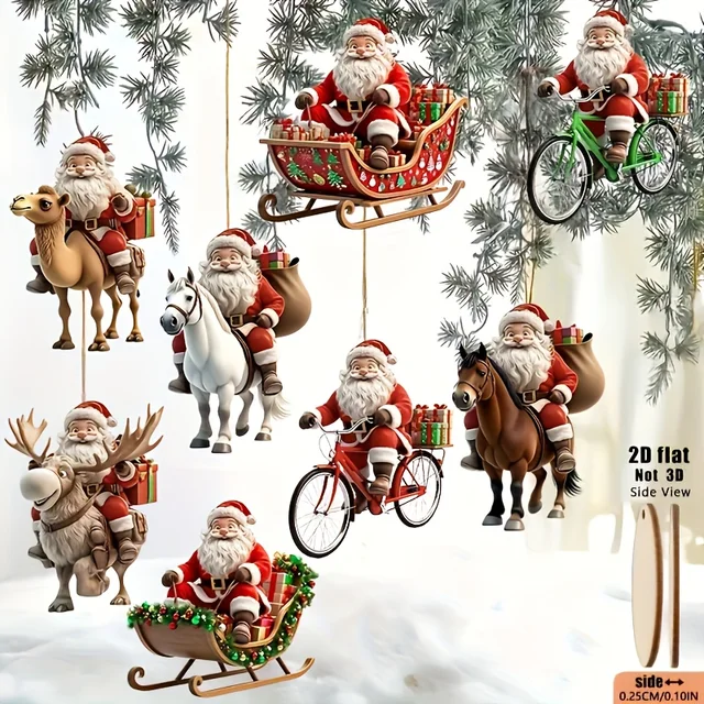 8pcs Different Riding Tools 2D Flat Santa Claus Wooden Ornament Set - Perfect for Christmas Trees and Holiday Home Decorations 5
