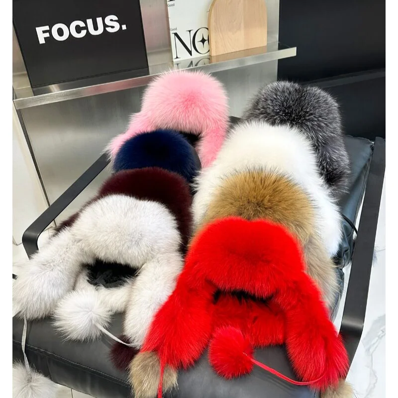 QIXHFUR Real Fox Fur Cap Russian Hat Outdoor Women Keep Warm Winter Fur Hat Promotion