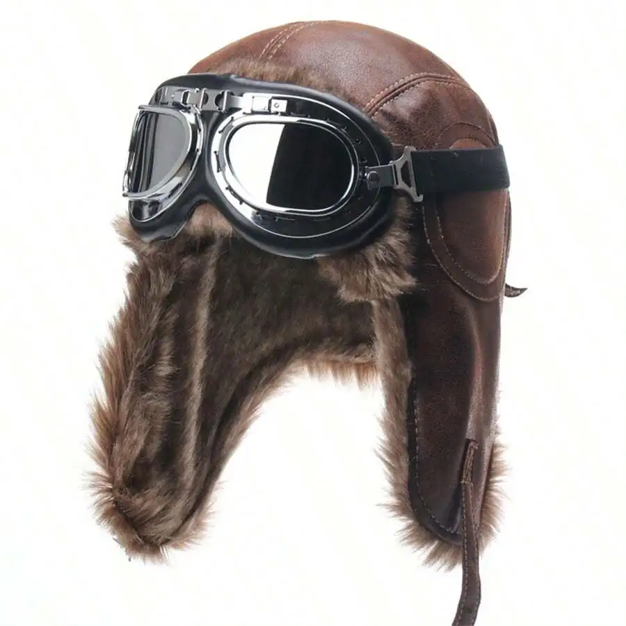 

1pc Camel Leather Aviator Cap w/Goggles Windproof Ear Protection for Motorcycle Winter