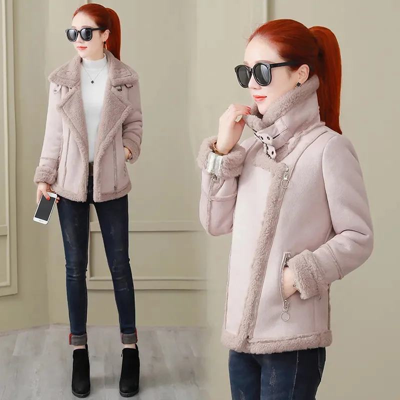 Short Woolen Coat Women Autumn Winter Zipper Jacket 2023 New Deerskin Cashmere Lambswool Padded Coats Jacket Motorcycle Outwear