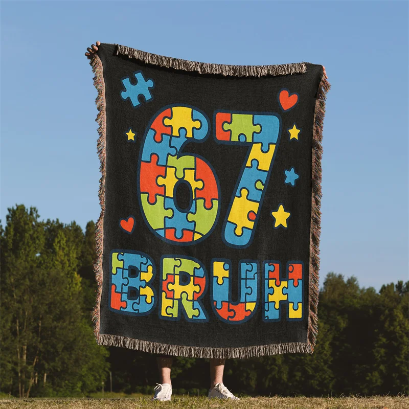 Gaslight Gatekeep Girlboss Six Seven Bruh 67 Autism Puzzle 6 7 Meme Jacquard Fringed Woven Throw Blanket with Tassel