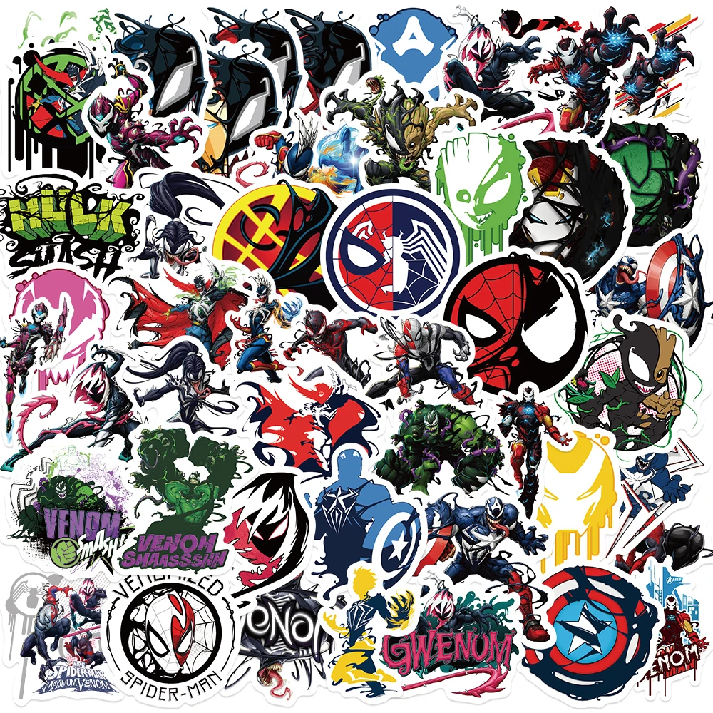 50pcs Disney Avengers Venom Stickers Anime DIY Phone Car Bike Skateboard PVC Cartoon Decals Waterproof Sticker for Kid Toy