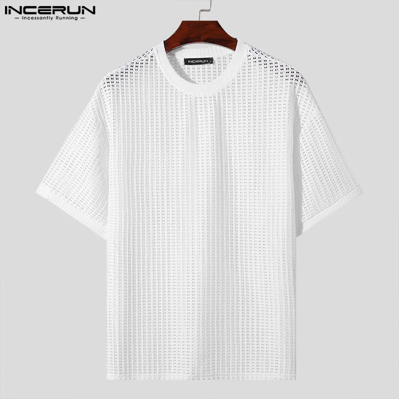 INCERUN maglietta da uomo tinta unita scava fuori vedere attraverso o-collo manica corta abbigliamento uomo Streetwear estate 2024 Fashion Tee Tops