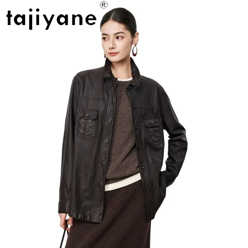 TAJIYANE Genuine Leather Jacket Woman Vegetable Tanned Sheepskin Thin Leather Coat Vintage Jackets for Woman Mid Length Jaqueta