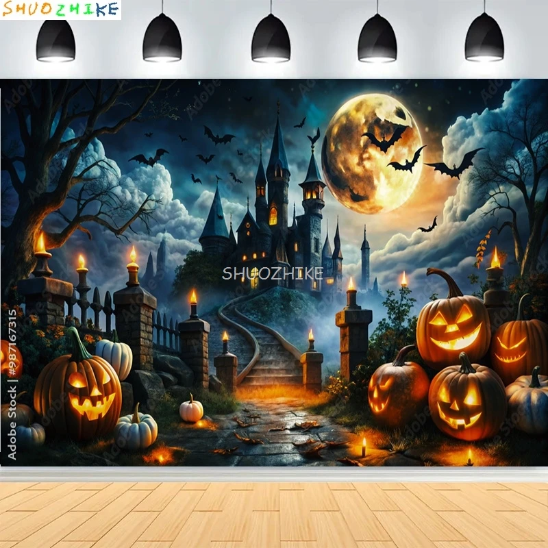 أشباح جاك أو فانوس يوم الهالوين خلفيات للتصوير الفوتوغرافي القلعة مقبرة الرعب القرع القمر استوديو الصور خلفية KB-07